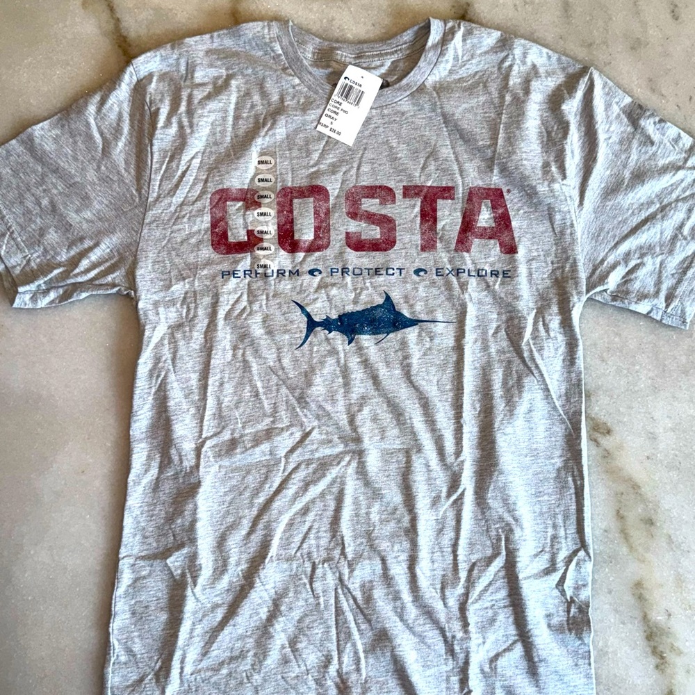 Costa Gray T-Shirt with Red and Blue Marlin Design